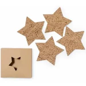 A set of four cork star coasters with a square holder, all featuring a natural brown colour.