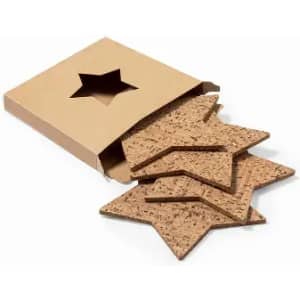 A set of star-shaped cork coasters in a cardboard box with a star cut-out on the lid.