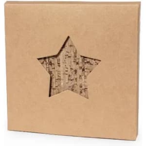 A star-shaped cutout in a kraft cardboard box, revealing a textured material inside. The box has a simple, natural design.