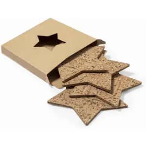 A set of star-shaped cork coasters in a cardboard box with a star-shaped cut-out.