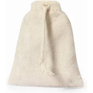 A natural-coloured drawstring bag made from textured fabric, featuring a simple cinch closure.