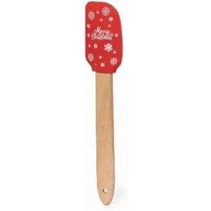 A spatula with a red silicone head featuring snowflakes and a wooden handle. It has a Christmas-themed design.