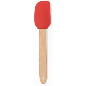 A spatula with a red silicone head and a wooden handle, featuring a flat edge for mixing and scraping.