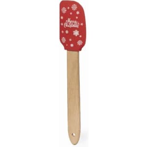 A red spatula with a wooden handle, featuring a festive design and snowflake patterns. It has a logo.