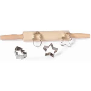 A wooden rolling pin with stainless steel cookie cutters in star and circular shapes.