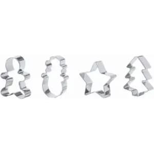 Four stainless steel cookie cutters shaped like a gingerbread man, snowman, star, and Christmas tree.