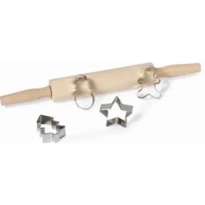 A rolling pin with wooden handles, surrounded by star and geometric-shaped cookie cutters. The items are primarily silver and beige.