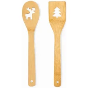 A set of bamboo cooking utensils featuring cut-out designs of a reindeer and a Christmas tree.