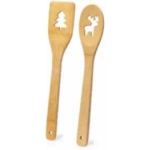 A set of bamboo cooking utensils, featuring cut-out designs of a tree and a reindeer. The utensils are light brown.
