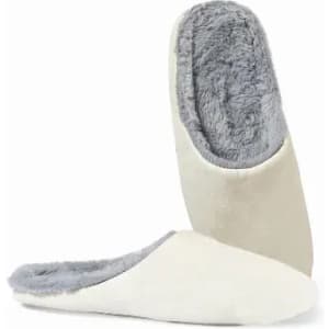 A pair of cream-coloured slippers with a soft grey fur lining, featuring a slip-on design.