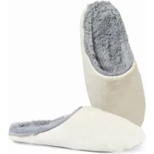 A pair of cream-coloured slippers with a soft grey fur lining and an open back design.