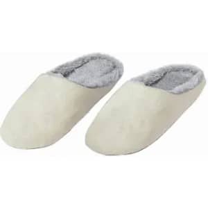 A pair of cream-coloured slippers with a soft grey lining, featuring a slip-on design.
