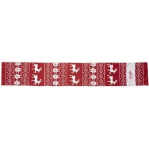 A festive red scarf featuring white holiday-themed patterns and a logo, perfect for seasonal fashion.