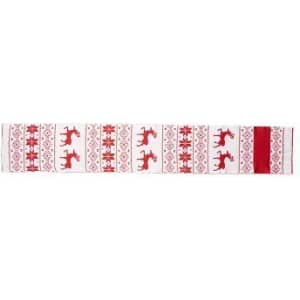 A decorative table runner featuring a red and white pattern with reindeer and snowflake motifs.