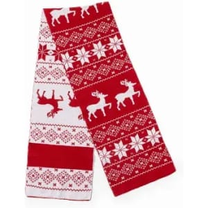 A red and white patterned scarf featuring reindeer and snowflakes, with a festive design.
