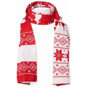 A red and white knitted scarf featuring festive patterns, including snowflakes and reindeer designs, with a logo.