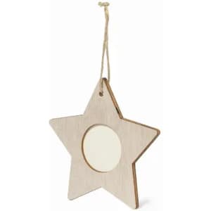 A star-shaped wooden decoration with a circular opening in the centre, featuring a hanging string.