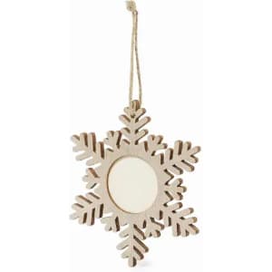 A wooden snowflake ornament with intricate leaf patterns and a blank centre, hanging on a jute string.