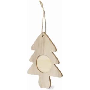A wooden Christmas tree decoration with a natural finish and a circular cut-out, featuring a hanging twine.