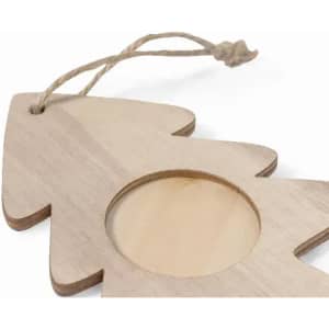 A wooden tree-shaped coaster with a circular indentation, featuring a twine loop for hanging.