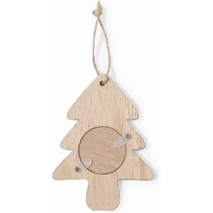 A wooden Christmas tree-shaped ornament with a circular cutout, featuring a rustic finish and hanging twine.