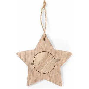 A star-shaped wooden decoration with a hanging loop, featuring a circular cutout at the centre.