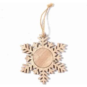 A wooden snowflake ornament with a natural finish and a hanging twine loop.