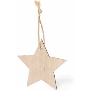 A wooden star-shaped decoration with a natural finish, featuring a jute twine for hanging.