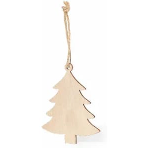 A wooden Christmas tree ornament with a twine loop for hanging. The ornament is a natural wood finish.