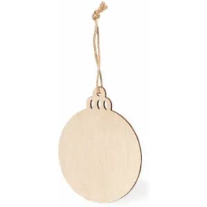 A wooden circular tag with a hanging string, featuring a smooth, natural finish.
