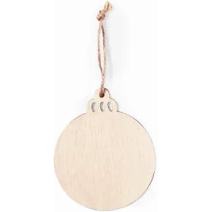A wooden ornament with a round shape and a small loop for hanging, featuring a natural wood finish.