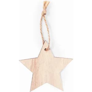 A star-shaped wooden tag with a natural finish, featuring a twine loop for hanging.