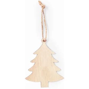 A decorative wooden Christmas tree ornament with a twine loop for hanging.