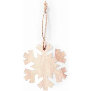 A wooden snowflake ornament with a twine string, featuring a natural wood finish.
