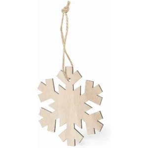 A wooden snowflake ornament in a natural finish, featuring a string for hanging.