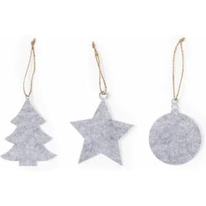 Three grey felt Christmas ornaments in the shapes of a tree, star, and circle, all with twine hangers.