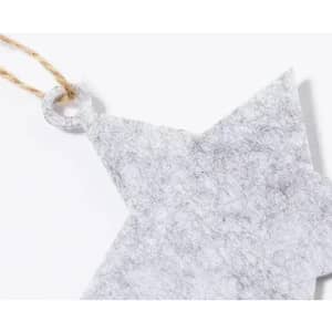 A grey star-shaped tag with a hole for hanging, attached to a twine string.