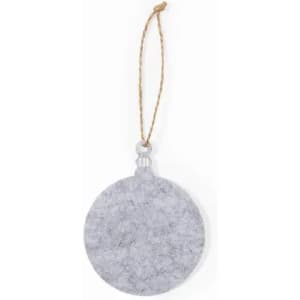 A round, pale grey tag with a string attached for hanging. It has a textured surface and a simple design.
