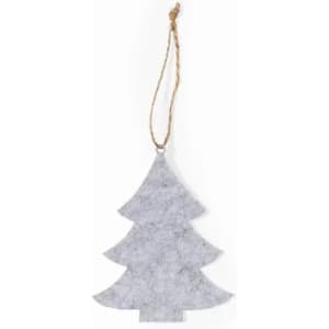 A grey metal Christmas tree ornament with a jute string for hanging.