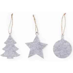 Three grey felt Christmas ornaments shaped like a tree, star, and bauble, each with a jute string for hanging.