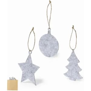 A set of three grey felt Christmas ornaments: star, tree, and round shapes, with twine for hanging.