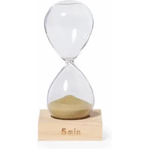 A glass hourglass with golden sand on a wooden base, indicating a five-minute timer.