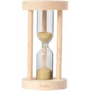 A wooden hourglass timer with a glass centre and sand, designed for a three-minute countdown.