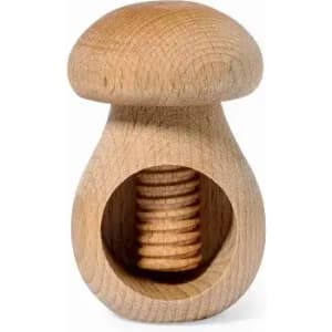 A wooden mushroom-shaped container with a hollow centre containing several small wooden discs inside.