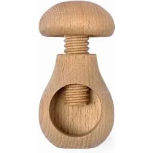 A wooden product with a mushroom-shaped top and a threaded part, featuring a hollow, rounded body.