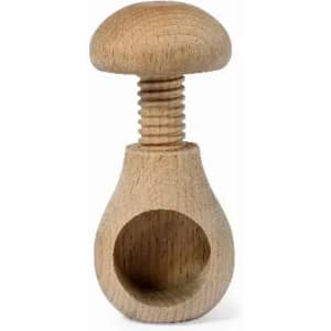 A wooden product featuring a mushroom-shaped top and a rounded base with a hollow section.