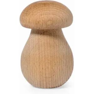 A wooden mushroom-shaped figure with a smooth, natural finish in light brown tones. It features a simple design.