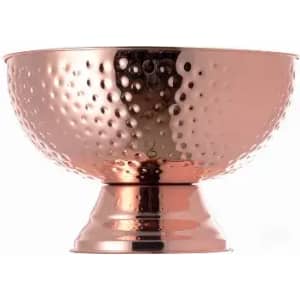 A copper-hued bowl with a hammered texture, featuring a wide rim and a sturdy pedestal base.