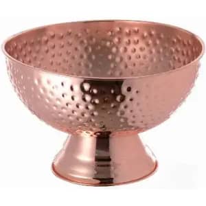 A decorative copper bowl with a hammered finish, featuring a wide rim and a sturdy base.