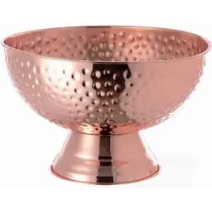 A copper punch bowl with a hammered texture and a sturdy pedestal base. The bowl is shiny and reflective.